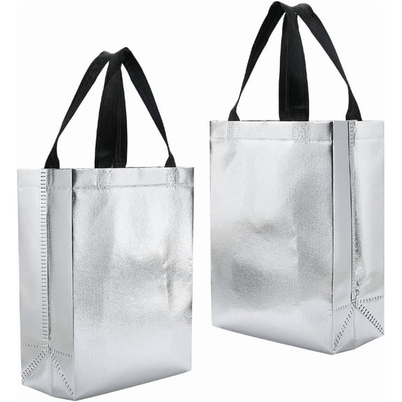 12Pcs 10 x 7.8 x 4 inch Small Gift Tote Bag Silver Iridescent Bags Bulk Non-woven Party Gifts Wrap with Handles Sturdy Bases Waterproof Reusable Goodie Container for Wedding Birthday Shopping