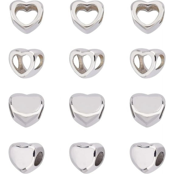 12Pcs 10mm Stainless Steel Heart European Beads Heart Spacer Beads Heart Large Hole Beads Metal Heart Loose Beads 5mm Hole Valentine's Day Beads for Jewelry Making DIY Findings