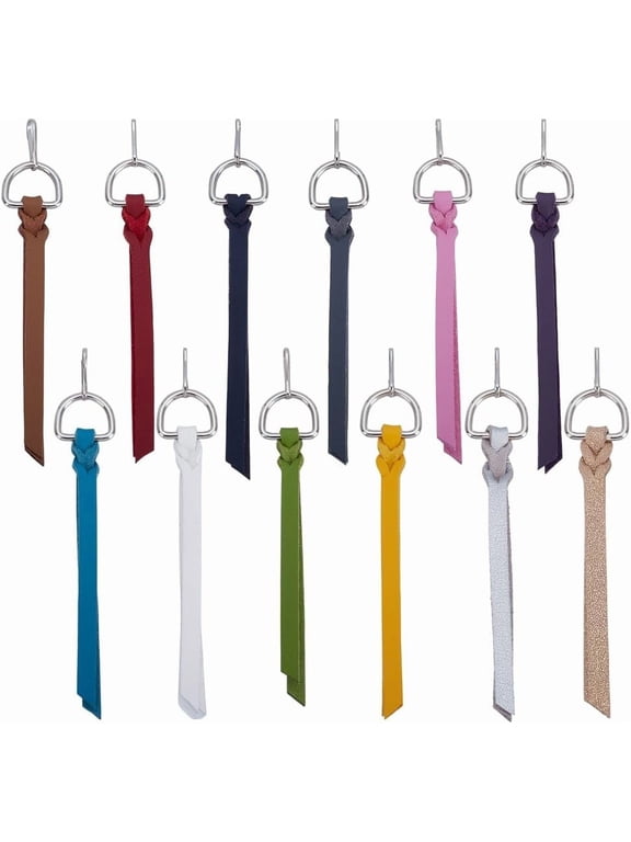 12Pcs 12 Colors Flat Imitation Leather Cord Zipper Sliders Pull for Purses Luggage Bags Suitcases with Iron Keychain Clasp Mixed Color 100mm 1pc/color