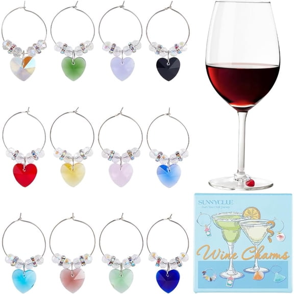 12Pcs 12 Colors Heart Glass Wine Glass Charms with Brass Wine Glass Charms Ring Mixed Color 45mm 1pc/color
