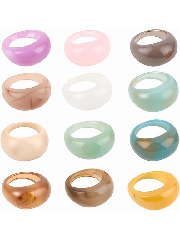 12Pcs 12 Colors Thick Dome Ring Resin Chunky Rings 1.3 Wide Colorful Vintage Stackable Elegant Statement Aesthetic Finger Joint Jewelry Set for DIY Knuckle Handmade Party Trendy Accessories