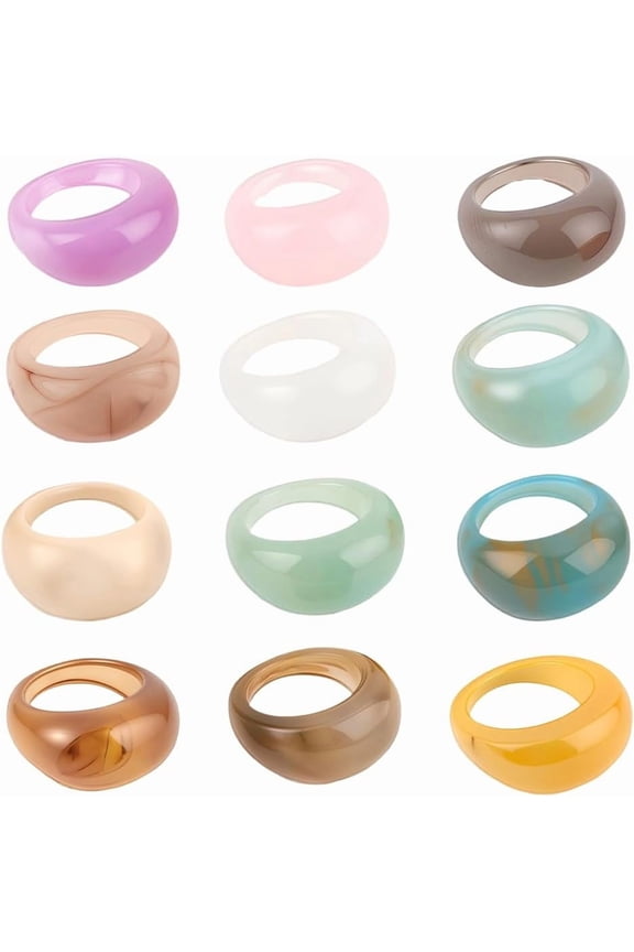 12Pcs 12 Colors Thick Dome Ring Resin Chunky Rings 1.3 Wide Colorful Vintage Stackable Elegant Statement Aesthetic Finger Joint Jewelry Set for DIY Knuckle Handmade Party Trendy Accessories