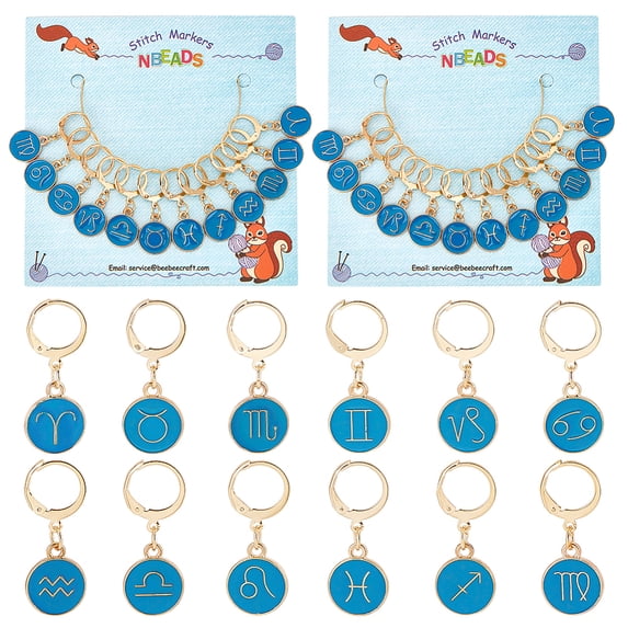 12Pcs 12 Constellations Alloy Enamel Charms Locking Stitch Makers with Golden 304 Stainless Steel Leverback Earring Findings Dodger Blue diy