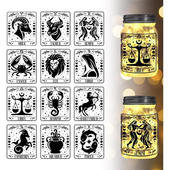 12Pcs 12 Constellations Silhouette Jar Cutouts Aries Leo Plastic Silhouette Wall Decals (Not Stickers) Lantern Jar Cutouts Window Lamp Decals Glass Decorations Art Mural Home Decor colorful