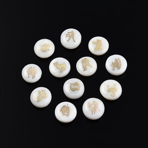12Pcs 12 Patterns Natural Freshwater Shell Beads with Golden Plated Brass Metal Slice Embellishments Flat Round with Twelve Constellations 12 Constellations 11.5x5mm Hole: 0.8mm 1pc/pattern