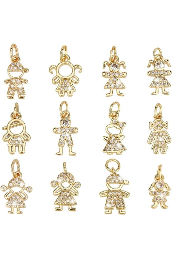 12Pcs 12 Style 18K Gold Plated Cubic Zirconia Charms Golden Human Dangle Pendants Brass Micro Pave CZ Stone Charms Bulk Hanging Pendant Ornament for Bracelets Earrings Necklace