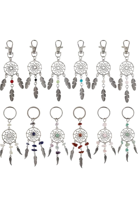 12Pcs 12 Style 304 Stainless Steel & Alloy Findings with Gemstone Beads Keychain with Tibetan Style Alloy Wing Charms and Iron Split Rings Woven Net/Web with Feather 10.7~11.8cm 1pc/style