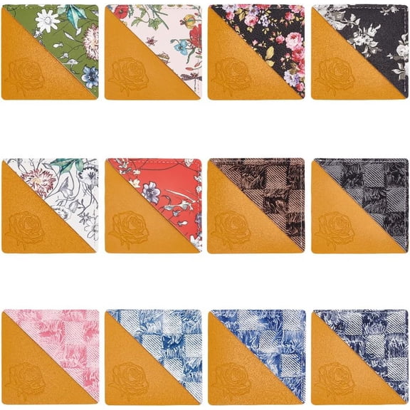 12Pcs 12 Style Printed Imitation Leather Page Corners Book Corner Guards Square with Tartan/Flower Pattern 80.5x80.5x3mm 1pc/style