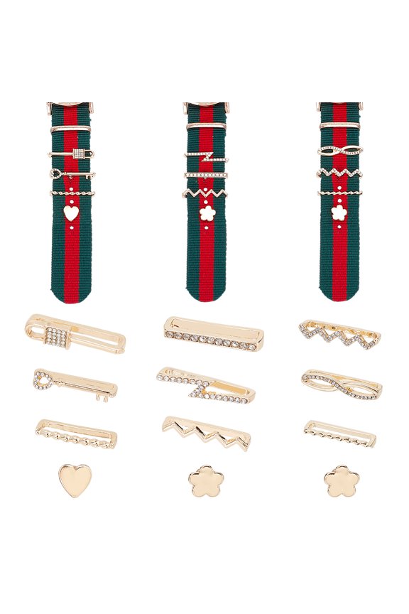 12Pcs 12 Style Wave Flower Heart Lock Key Alloy Rhinestones Watch Band Charms Set Watch Band Decorative Ring Loops Golden 2.1x0.3cm 1Pc/style