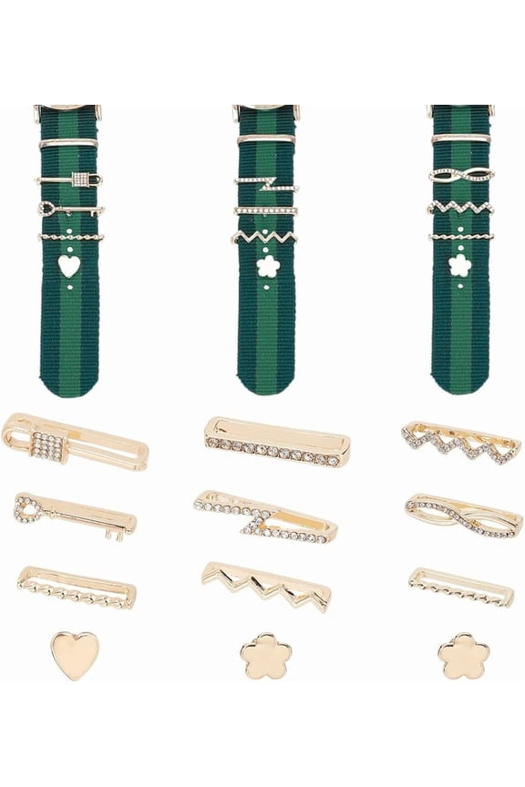 12Pcs 12 Style Wave & Flower & Heart & Lock & Key Alloy Rhinestones Watch Watch Band Decorative Ring Loops Golden 2.1x0.3cm 1Pc/style