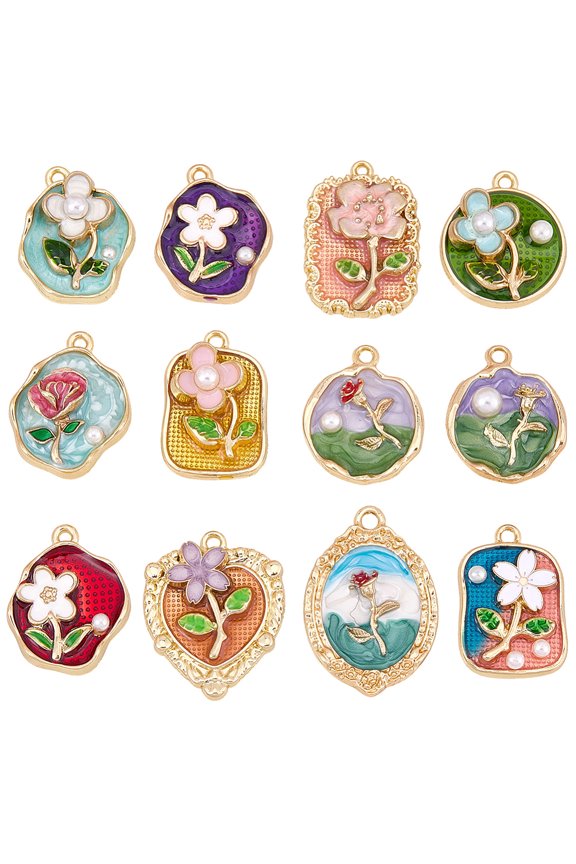 12Pcs 12 Styles Alloy Enamel Pendants with Imitation Pearl Rack Plating Long-Lasting Plated Lead Free & Cadmium Free & Nickel Free Golden