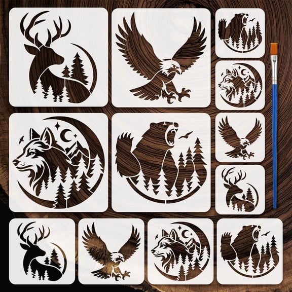 12Pcs 12 Styles Bear Deer Eagle Wolf Theme PET Hollow Out Drawing Painting Stencils for DIY Scrapbook Photo Album Mixed Shapes