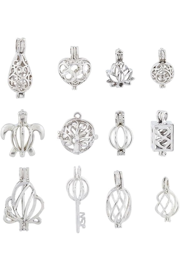 12Pcs 12 Styles Brass Bead Cage Pendants Open Hollowed Out Cage Charm Hollow Filigree Cage Pendants Chime Ball Pendants Sea Turtle Charm for DIY Necklaces Jewelry Making Supplies-Platinum