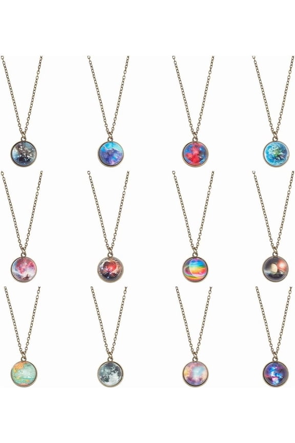 12Pcs 12 Styles Glass Universe Ball Necklace Galaxy Planet Pendant Necklace Bronze Alloy Jewelry for Women 19.80~20.47 inch 1Pc/style