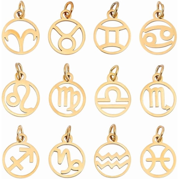 12Pcs 12 Styles Ion Plating(IP) 304 Stainless Steel Charms with Jump Ring Laser Cut Ring with Constellation Charm Real 18K Gold Plated for DIY