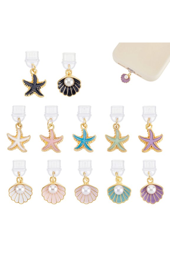12Pcs 12 Styles Ocean Theme PVC Mobile Dustproof Plugs with Alloy Enamel Starfish Shell Shape Pendants Golden Mixed Color 29~30mm 1pc/style