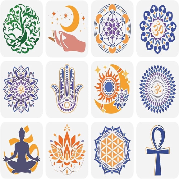 12Pcs 12 Styles PET Hollow Out Drawing Painting Stencils Sets for DIY Scrapbook Photo Album Tree Flower Sun Moon Mixed Patterns 150x150mm