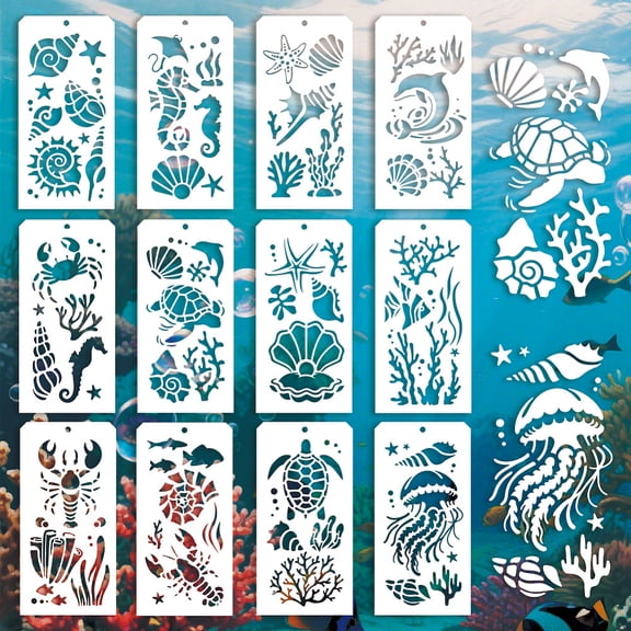 12Pcs 12 Styles PET Hollow Out Drawing Painting Stencils for DIY Scrapbook Photo Album Marine Animal 240x120mm 1pc/style
