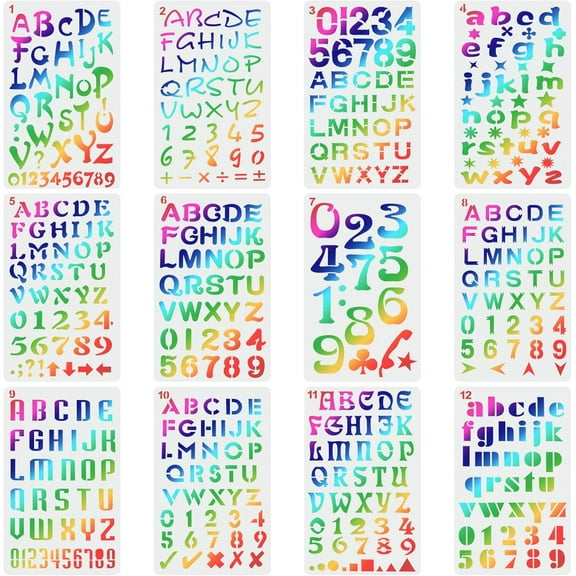 12Pcs 12 Styles PET Plastic Drawing Painting Stencils Templates Rectangle Number 0~9 and Letter A~Z Mixed Patterns 178x105x0.2mm 1pc/style