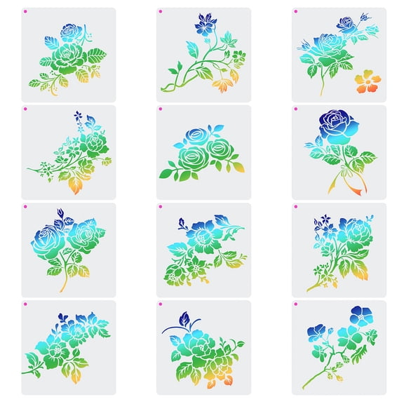12Pcs 12 Styles PET Plastic Drawing Painting Stencils Templates Rectangle Rose Pattern 197x197x0.2mm Hole: 5mm 1pc/style