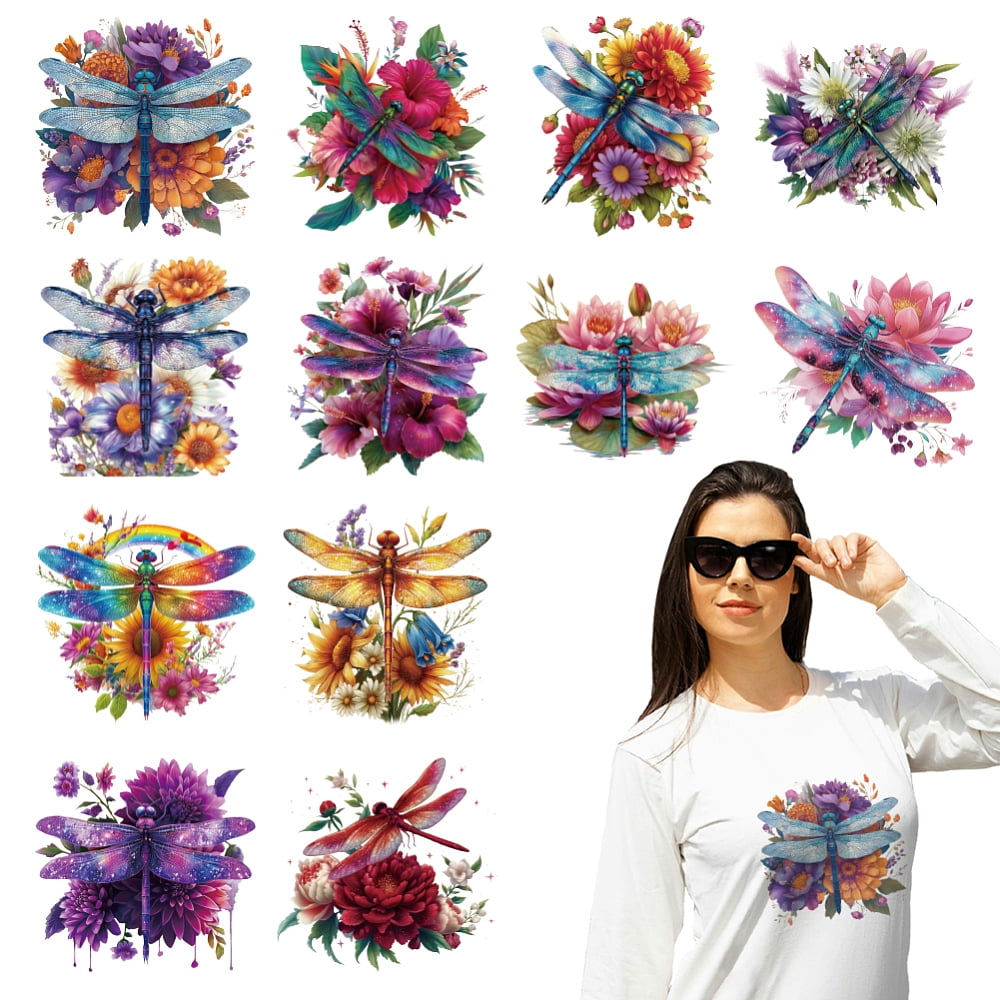 12Pcs 12 Styles Plastic Heat Transfer Film Logo Stickers Set for DIY T-Shirt Dragonfly 180~230x195~230mm 1pc/style