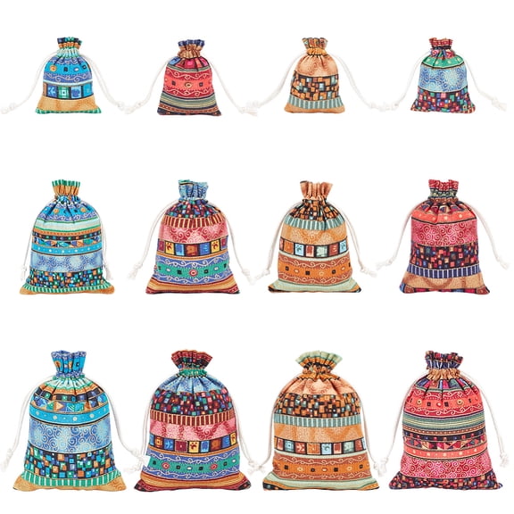 12Pcs 12 Styles Rectangle Geometric Print Linenette Drawstring Bags Ethnic Style Pouches Mixed Color 9~18x7~13cm 1pc/style