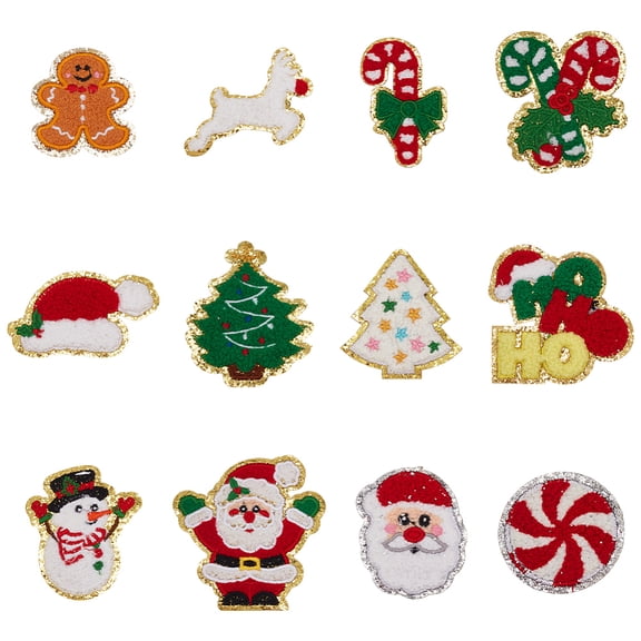 12Pcs 12 Styles Towel Cloth Computerized Embroidery Iron On/Sew On Patches Chenille Appliques Gold Edge Christmas Mixed Color 46.5~91x55~88x2.5~3mm