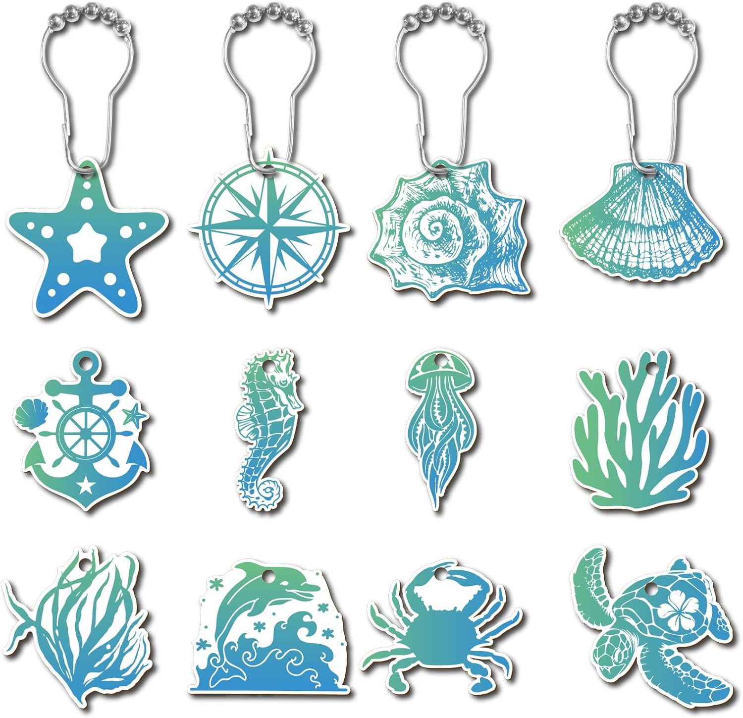 12Pcs 12Styles Sea Animal Shower Curtain Rings Blue Ocean Shower