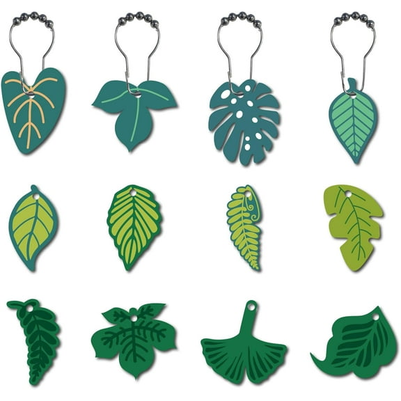 12Pcs 12Styles Shower Curtain Hooks Rings Wood Leaf Curtain Hooks Green Ginkgo Leaf Metal Shower Hooks Curtain Rings with Stainless Steel Chain DIY