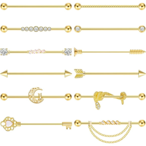 12Pcs 14G Stainless Steel Industrial Barbell Earrings for Women Men Cartilage Helix Piercing Jewelry Industrial Piercing Bar 38MM