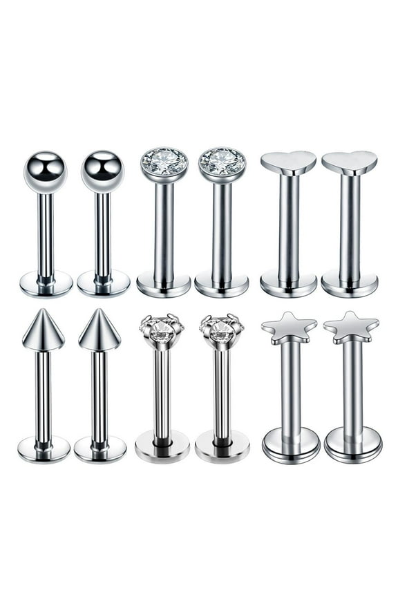 12Pcs 16G 316L Stainless Steel CZ Labret Lip s Studs Nose Ear Jewelry (3 Colors to Select)