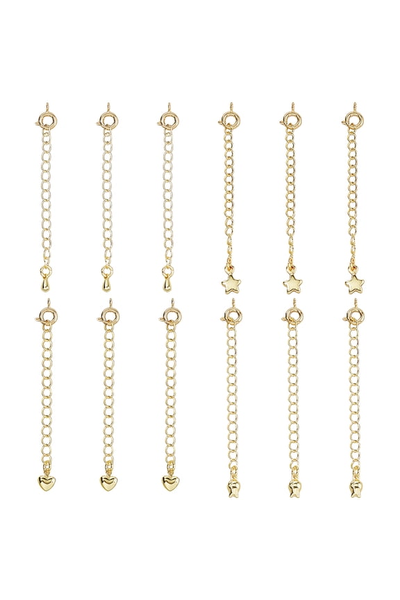 12Pcs 18K Gold Plated Chain Extender 4 Styles Golden Jewelry Chain Extension Set End Chains with Spring Clasps and Star Teardrop Flower Heart Charm