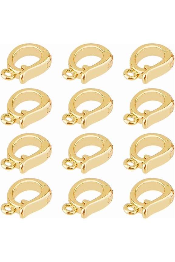 12Pcs 18K Gold Plated Clasps 10mm Fold Over Clasps Jewelry Clasps Connectors Spring Ring Clasp Brass Extender Clasps with Loop Design Bracelet Necklace Anklets Clasps