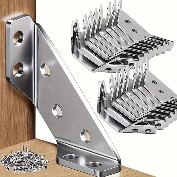 12Pcs 2.6 Inch Stainless Steel Triangular Corner Brackets with 48 Mount Screws, Multi-Purpose L-Shaped 3-Side Support Braces, Heavy Duty Furniture Bed Cabinet Fixing Hardware Connectors