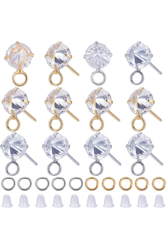 12Pcs 2 Color Brass Cubic Zirconia Stud Earring Findings Ear Stud Earrings Earring Posts with Loops Open Jump Rings Ear Nuts DIY