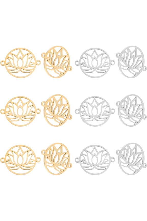 12Pcs 2 Colors 201 Stainless Steel Links for Laser Cut Round Ring with Lotus Flower Mixed Color 17.5x23x1mm Hole: 1.4mm 6pcs/color for Handmade