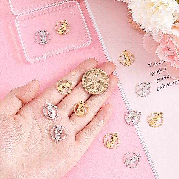 12Pcs 2 Colors 201 Stainless Steel Pendants Ring with Woman Golden & Stainless Steel Color 17.5x15x1mm Hole: 1.5mm 6pcs/color