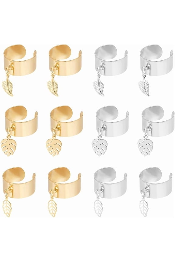 12Pcs 2 Colors 3 Styles Charm Ring Stainless Steel Women's Ring Leaf Pendant Ring Adjustable Rings with Leaf Charms Open Cuff Finger Ring Sets for Holiday Gifts Jewelry Ring