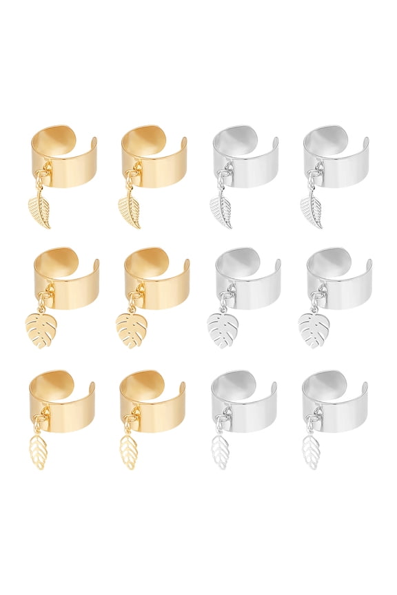 12Pcs 2 Colors 3 Styles Charm Ring Stainless Steel Women's Ring Leaf Pendant Ring Adjustable Rings with Leaf Charms Open Cuff Finger Ring Sets