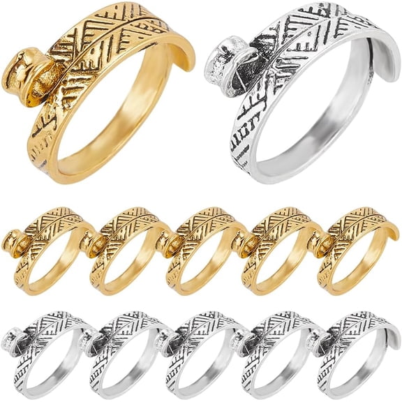 12Pcs 2 Colors Alloy Cuff Rings Knitting Loop Crochet Loops Yarn Guide Finger Holder Stripe Pattern Antique Silver & Antique Golden Inner Diameter: 17.6mm 6pcs/color
