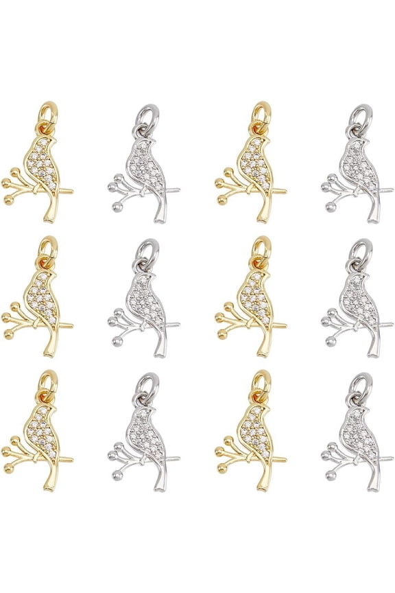 12Pcs 2 Colors Bird with Branch Charms Sparrow Animal Charms Bird Rhinestone Charms Micro Pave Cubic Zirconia Pendants Dangle Lucky Pendants Brass Charms