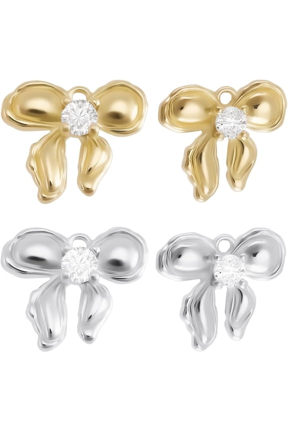 12Pcs 2 Colors Bowknot Charms 14K Gold Plated Brass Cubic Zirconia 3D Dangle Charms for Jewelry Making Earring Bracelet Pendant for making