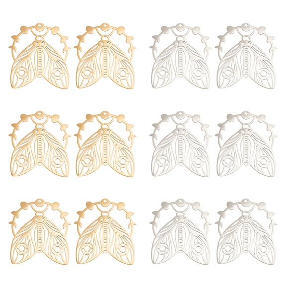 12Pcs 2 Colors Cicada with Moon Phase Charm Golden Insect Bug Charm Hollow Cicada Charm Crescent Moon Pendant Stainless Steel Dangle Pendant