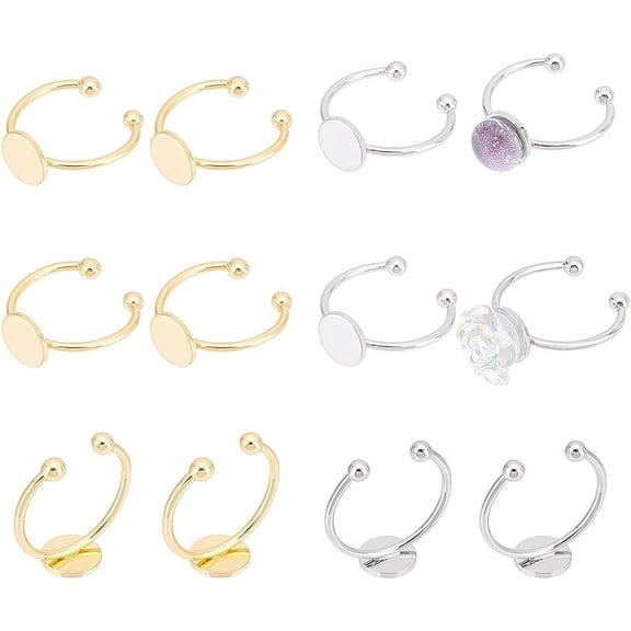 12Pcs 2 Colors DIY Cuff Ring Making Kit Round Open Cuff Ring Bezel Tray 16.8mm Brass Blank Pad Ring Bases Cuff Ring Set DIY