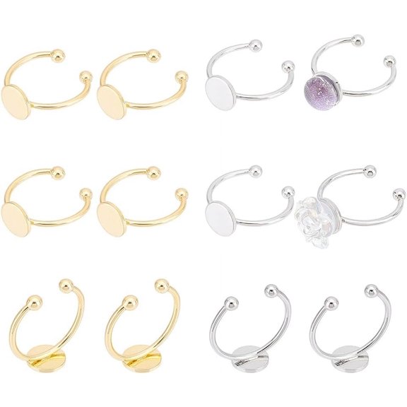 12Pcs 2 Colors DIY Cuff Ring Making Kit Round Open Cuff Ring Bezel Tray 16.8mm Brass Blank Pad Ring Bases Cuff Ring Set for Ring Making for DIY Platinum Golden