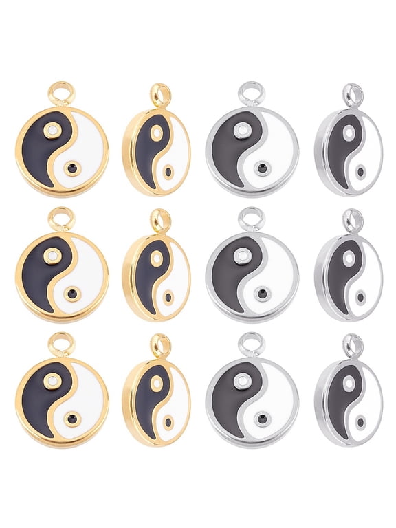 12Pcs 2 Colors Flat Round Taiji Yin Yang Charms Enamel Stainless Steel Tai Chi Meditation Eight Trigram Small Dangle Pendant Metal Chinese Taiji Charm