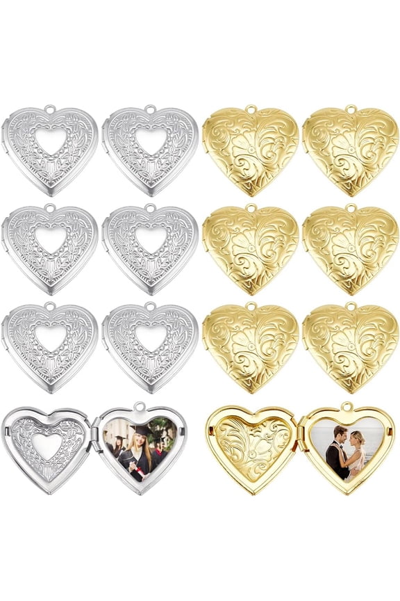 12Pcs 2 Colors Heart Locket Pendants Hearts Photo Frame Charms Brass Love Wedding Photo Charms for DIY Memorial Graduation Valentine's Birthday 29x29x7mm (Golden Stainless Steel Color)