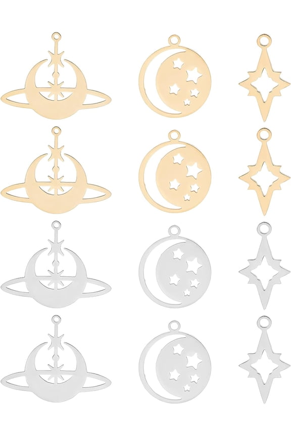 12Pcs 2 Colors Moon Pendants Stainless Steel Planet Charms Star Moon Celestial Hollow Pendants Golden Metal Cutout Charms for DIY Earrings Necklace Bracelet Jewelry Making 201 Stainless Steel