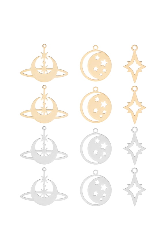 12Pcs 2 Colors Moon Pendants Stainless Steel Planet Charms Star Moon Celestial Hollow Pendants Golden Metal Cutout Charms for DIY Earrings Necklace