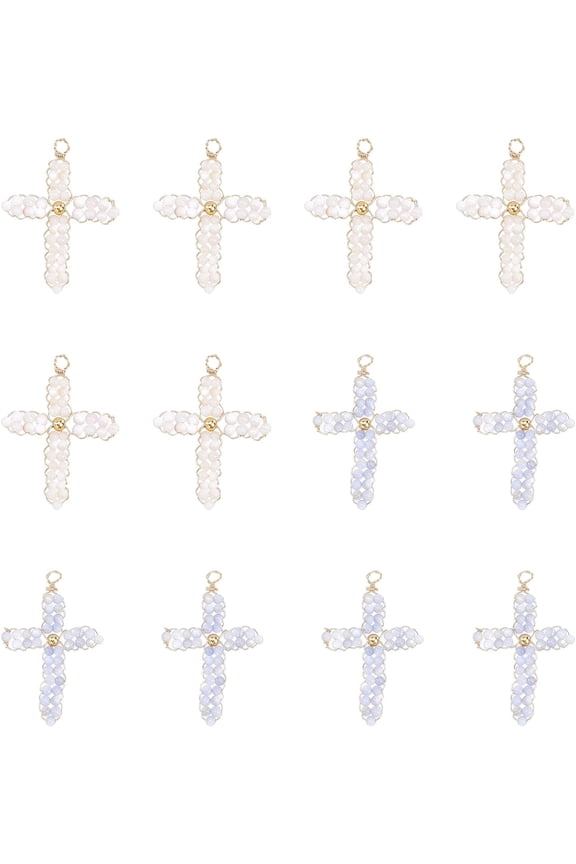 12Pcs 2 Colors Natural Freshwater Shell Round Beads Woven Pendants with Eco-Friendly Light Gold Tone Copper Wire Wrapped Dyed Cross Charm Mixed Color 35~36x22x3mm Hole: 3mm 6pcs/color